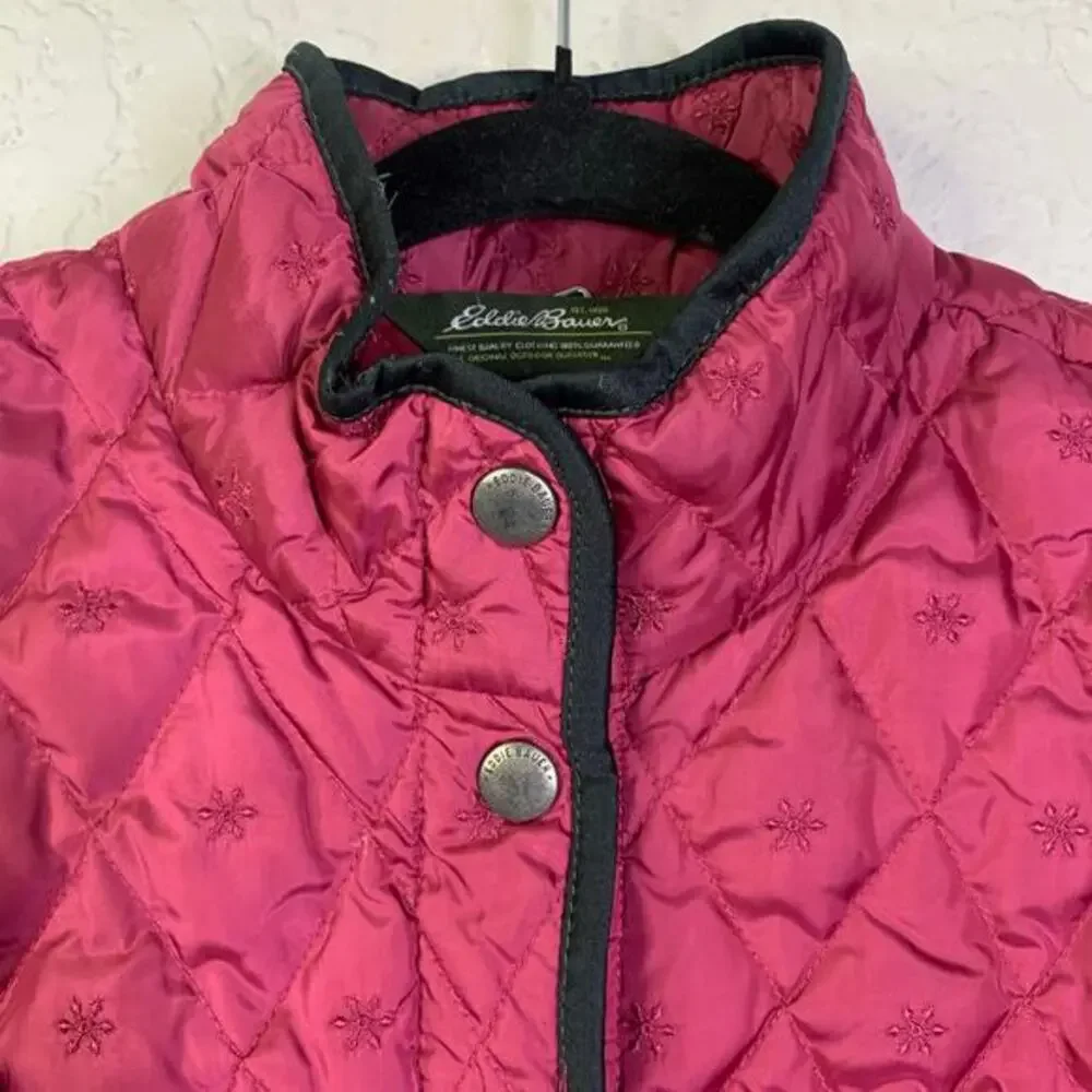 EDDIE BAUER Jacket Barn Coat Goose Down Quilted Snap Closure Zip Pockets Fushia‎